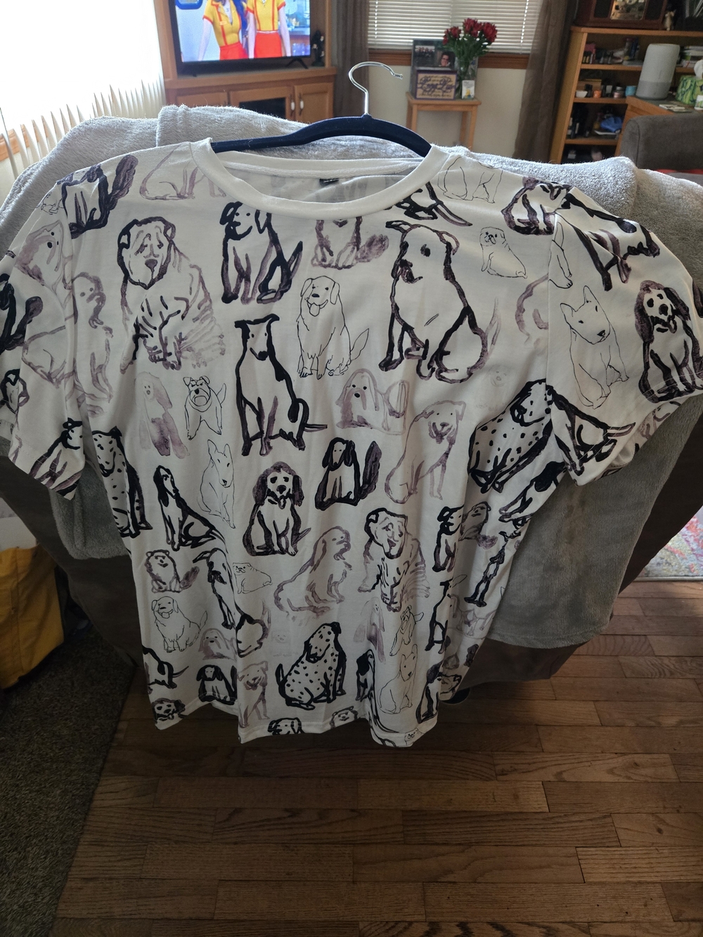 Dog Print Short Sleeve Tee - White with Black and Light Purple Dog Sketches